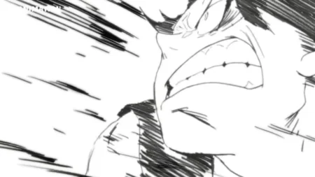Luffy socando Imu no rosto em Elbaf com Haki do Armamento