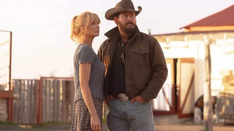 Cole Hauser e Kelly Reilly em cena de Rancho Dutton com situação de perigo envolvendo cobras cascavéis