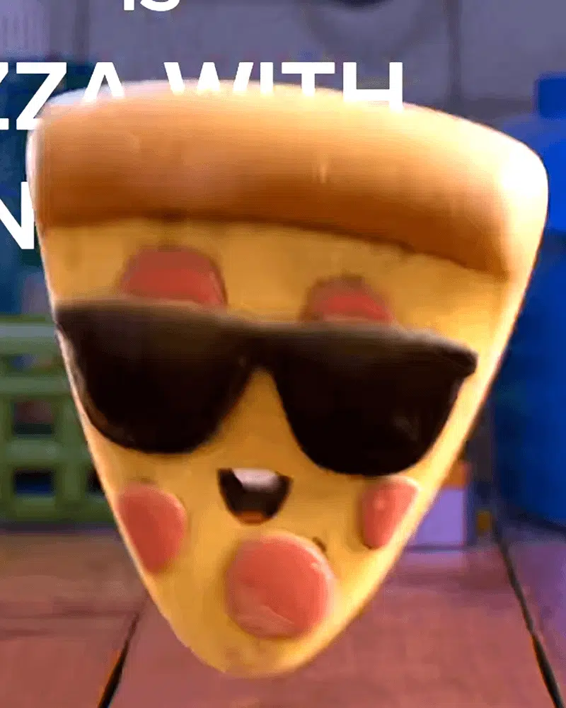 Cena de Toy Story 5 com personagem pizza em destaque, acusação de plágio envolvendo Bad Bunny