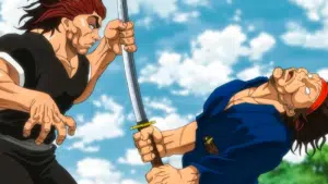 Baki-Dou: O Samurai Invencível - cena do anime com personagem principal em pose de combate
