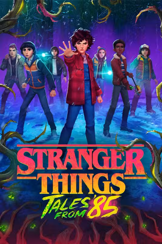 Poster de Stranger Things: Tales from '85 destacando os personagens principais da série