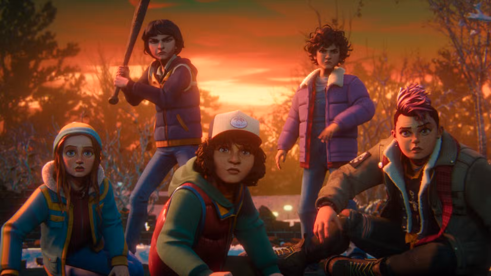 Max, Mike, Dustin, Eleven e Nikki em cena de Stranger Things: Tales from '85