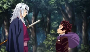 Cena de ação de Demon Slayer: Castelo Infinito com Tanjiro e personagens