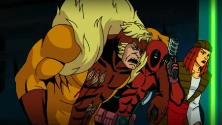 Morph transformado em Deadpool com Sabretooth e Lady Deathstrike em X-Men '97