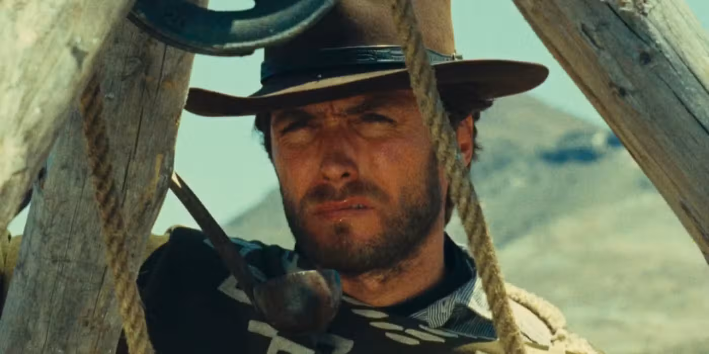 Retrato de Clint Eastwood observando o horizonte no filme