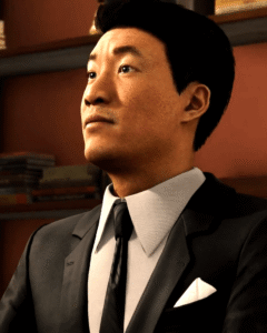 Martin Li como Mr. Negative, vilão dos quadrinhos do Homem-Aranha com visual preto e branco