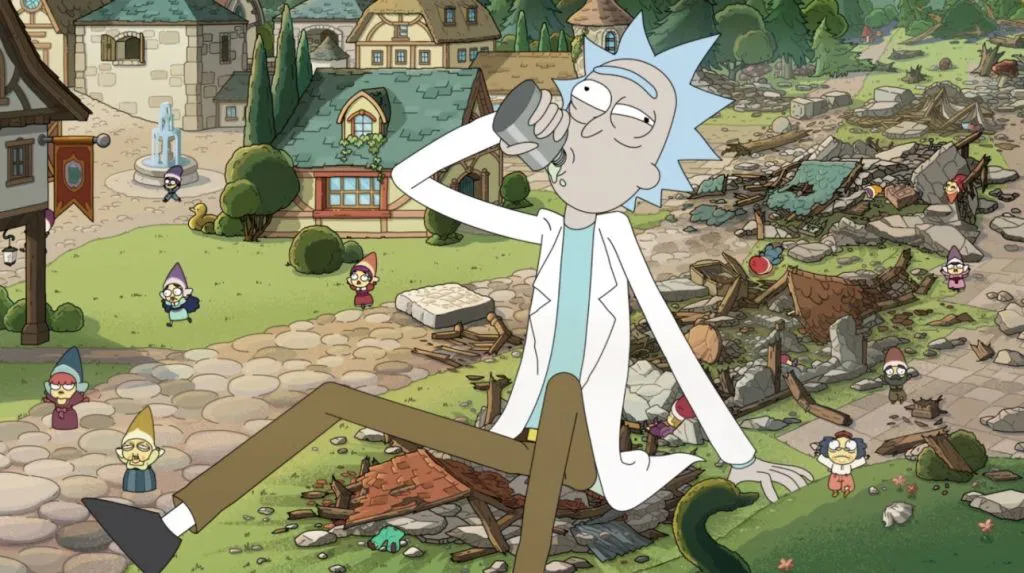 Rick com seu frasco sobre miniatura de aldeia em Rick e Morty S9E7