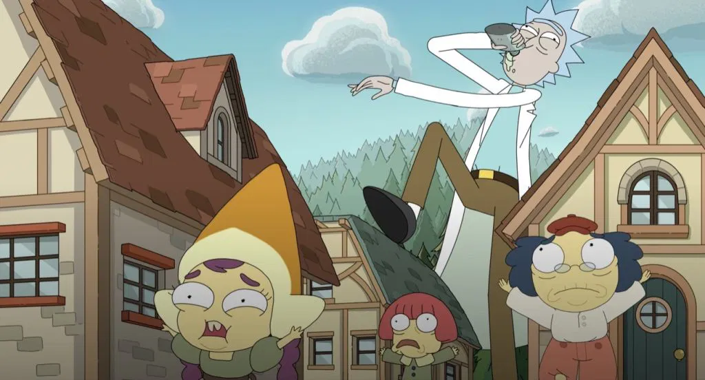 Rick pisoteando aldeia em miniatura durante fases evolutivas em Mortgully