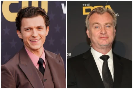 Tom Holland e Christopher Nolan no set de A Odisseia