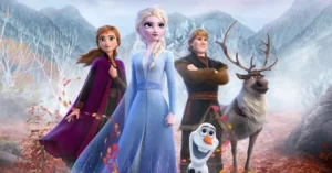 Personagens de Frozen 3 em cena de casamento com Rainha do Gelo