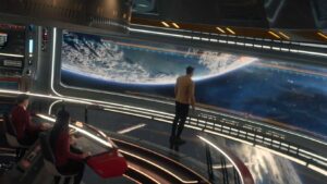 Capitão Pike em frente ao visor da Enterprise em Strange New Worlds