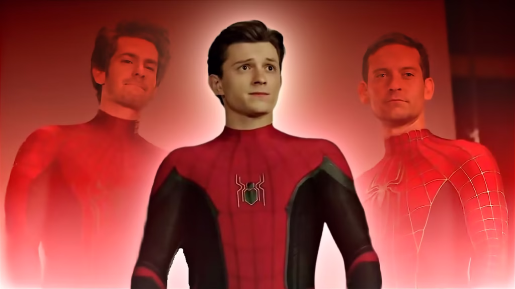 Tom Holland como Spider-Man entre Tobey Maguire e Andrew Garfield