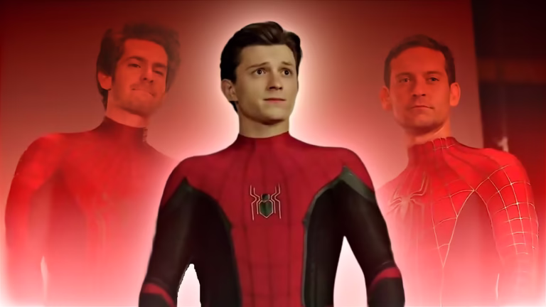 Tom Holland como Spider-Man entre Tobey Maguire e Andrew Garfield