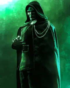 Estátua Hot Toys ao lado de painel promocional do Doutor Destino D23