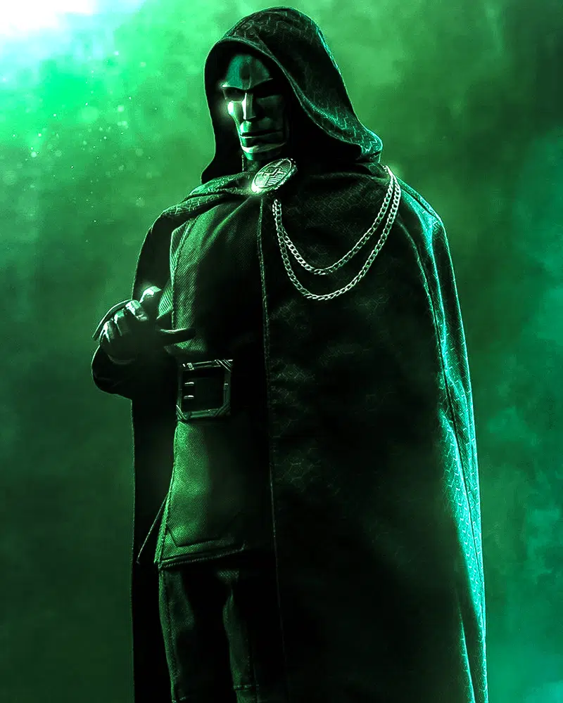 Estátua Hot Toys ao lado de painel promocional do Doutor Destino D23