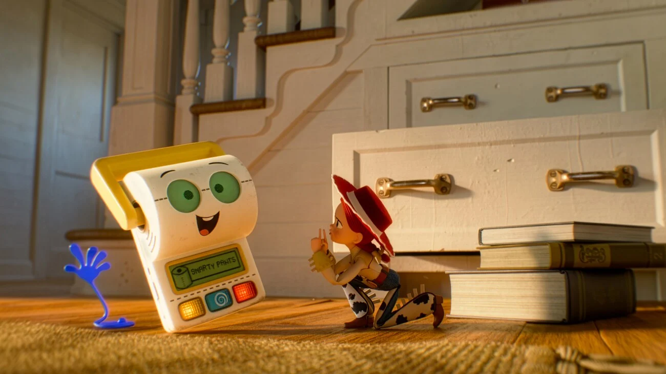 Jessie conversa com Smarty Pants, brinquedo tecnológico, em Toy Story 5