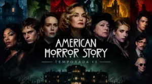 Arte promocional de American Horror Story temporada 13 com personagem em ambiente escuro