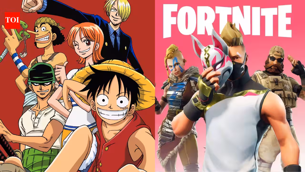 Personagens de One Piece, incluindo Luffy, Zoro, Nami, Usopp e Sanji, posicionados com personagens do Fortnite confirmando