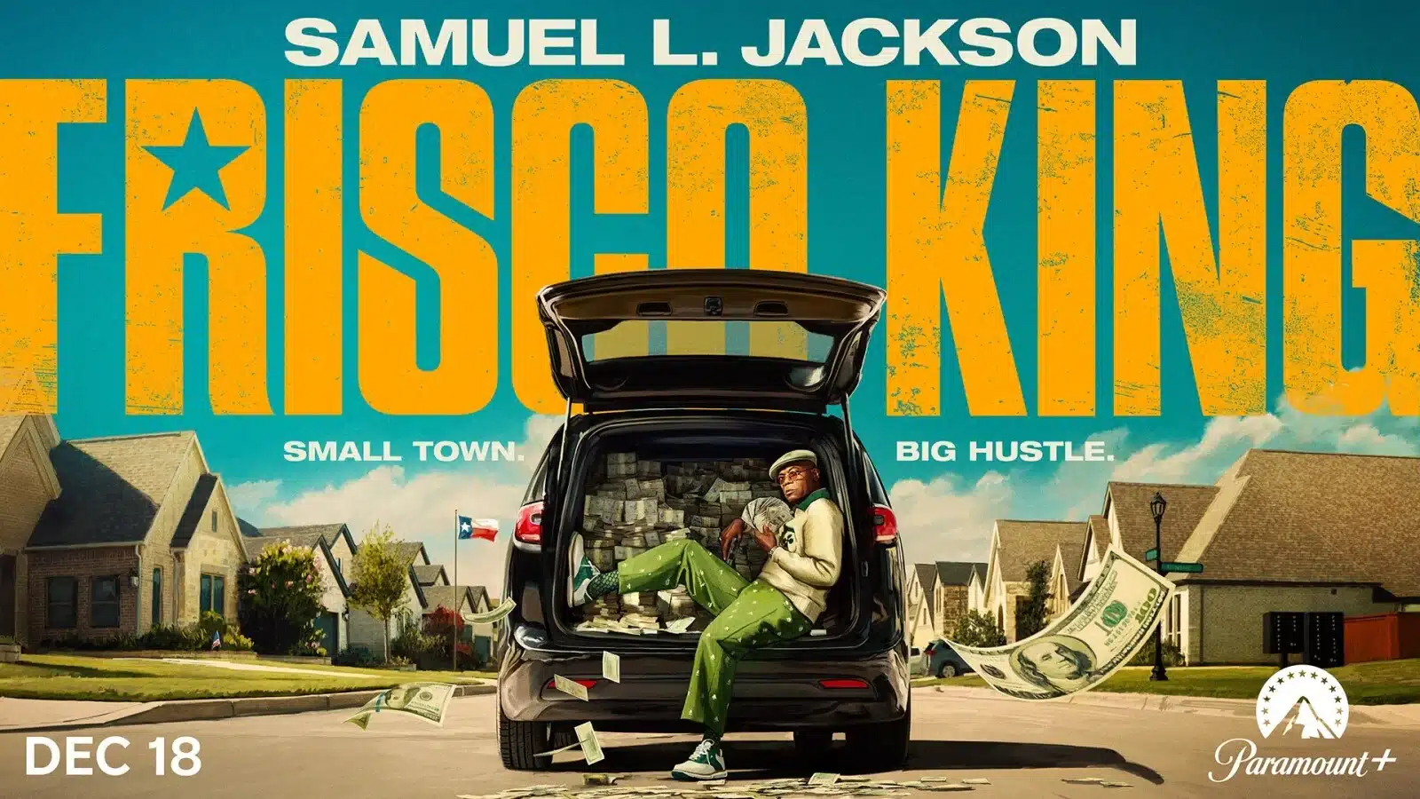 Arte oficial de Frisco King mostra o personagem de Samuel L. Jackson em um carro em um bairro residencial do Texas