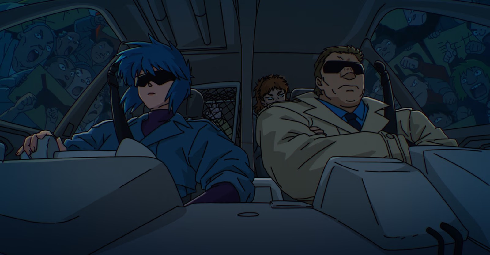 Personagens em interior de carro em cena do episódio 4 de Ghost in the Shell Personagens em interior de carro em cena do episódio 4 de Ghost in the Shell