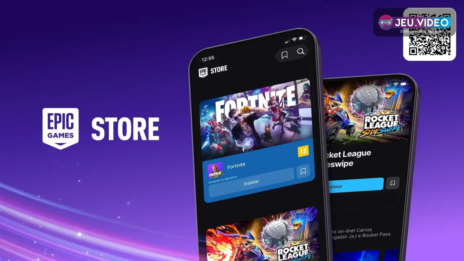 Home troca susto gigante por mistério curto e vira aposta curiosa da Epic no celular Dois smartphones mostram a interface da Epic Games Store Mobile com jogos disponíveis contra fundo roxo
