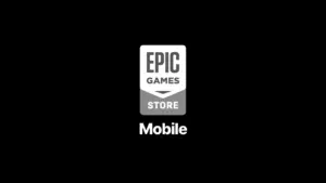 Ícone da Epic Games Store Mobile com texto e smiley face em fundo branco com borda preta