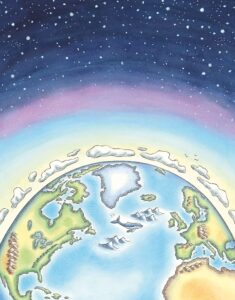Arte ilustrativa de Lupin 4 mostrando globo colorido com continentes, oceano com baleia e atmosfera estrelada