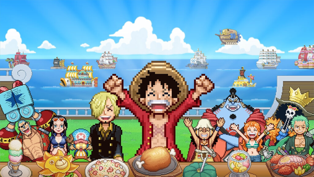 One Piece: Grand Gourmet já está disponível: veja onde jogar e como funciona Arte em pixel mostrando Luffy e a tripulação dos Chapéus de Palha comemorando com comida em um navio-restaurante em One Pi