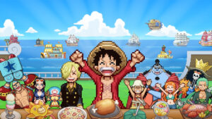 One Piece: Grand Gourmet já está disponível: veja onde jogar e como funciona Arte em pixel mostrando Luffy e a tripulação dos Chapéus de Palha comemorando com comida em um navio-restaurante em One Pi
