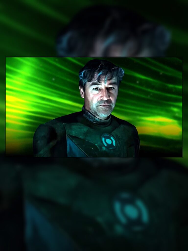 Kyle Chandler como Hal Jordan em traje vibrante de Lanterna Verde no flashback de 1996